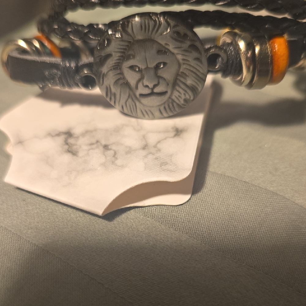 Silver Lion Charm Leatherlike Bracelet